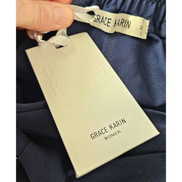 Grace Karin Womens High Waist Pants Size Medium Belt Fold-Up Leg Opening Navy - Picture 9 of 11